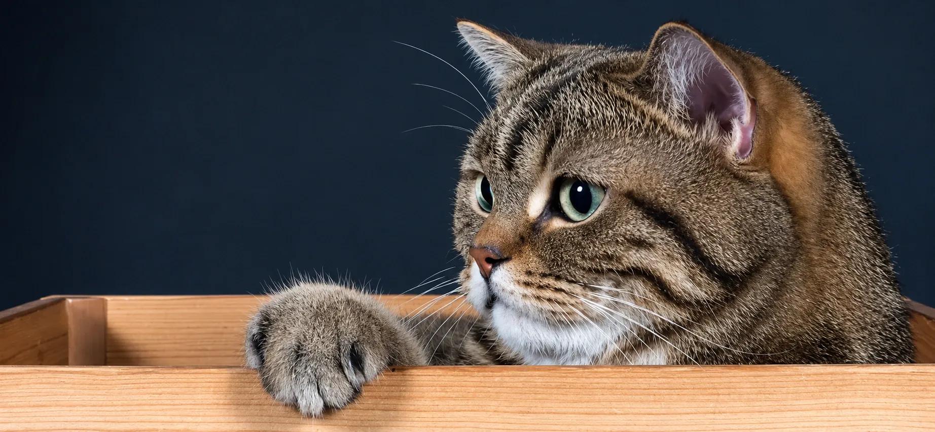 Britisch Kurzhaar Tabby in einer Holzkiste